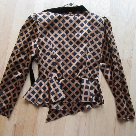 VINTAGE RICHARD WARREN SILK BLOUSE/BLACK + BROWN/TIE/BUTTONS/SIZE 8/HONG KONG! - Picture 8 of 8